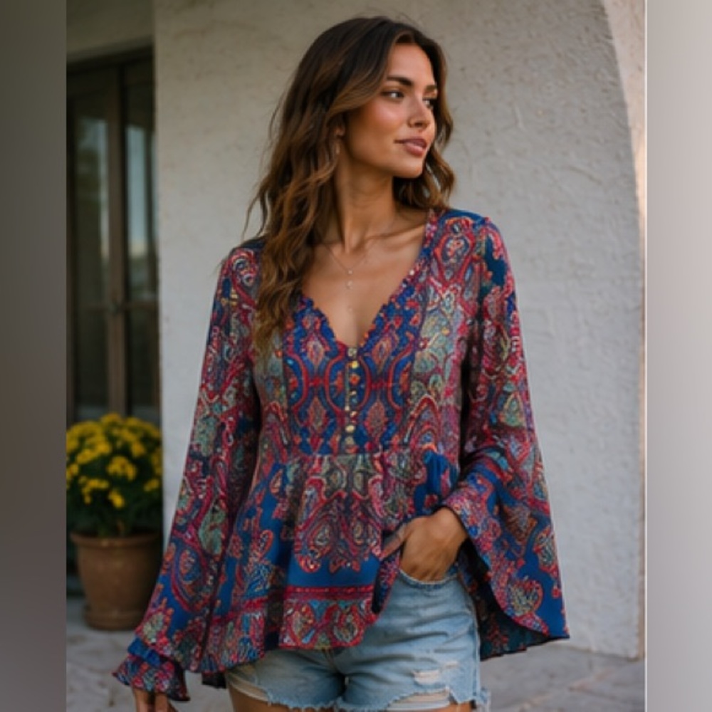 Altar'd State Boho Flowy Multi-colored Bell-sleeve Blouse